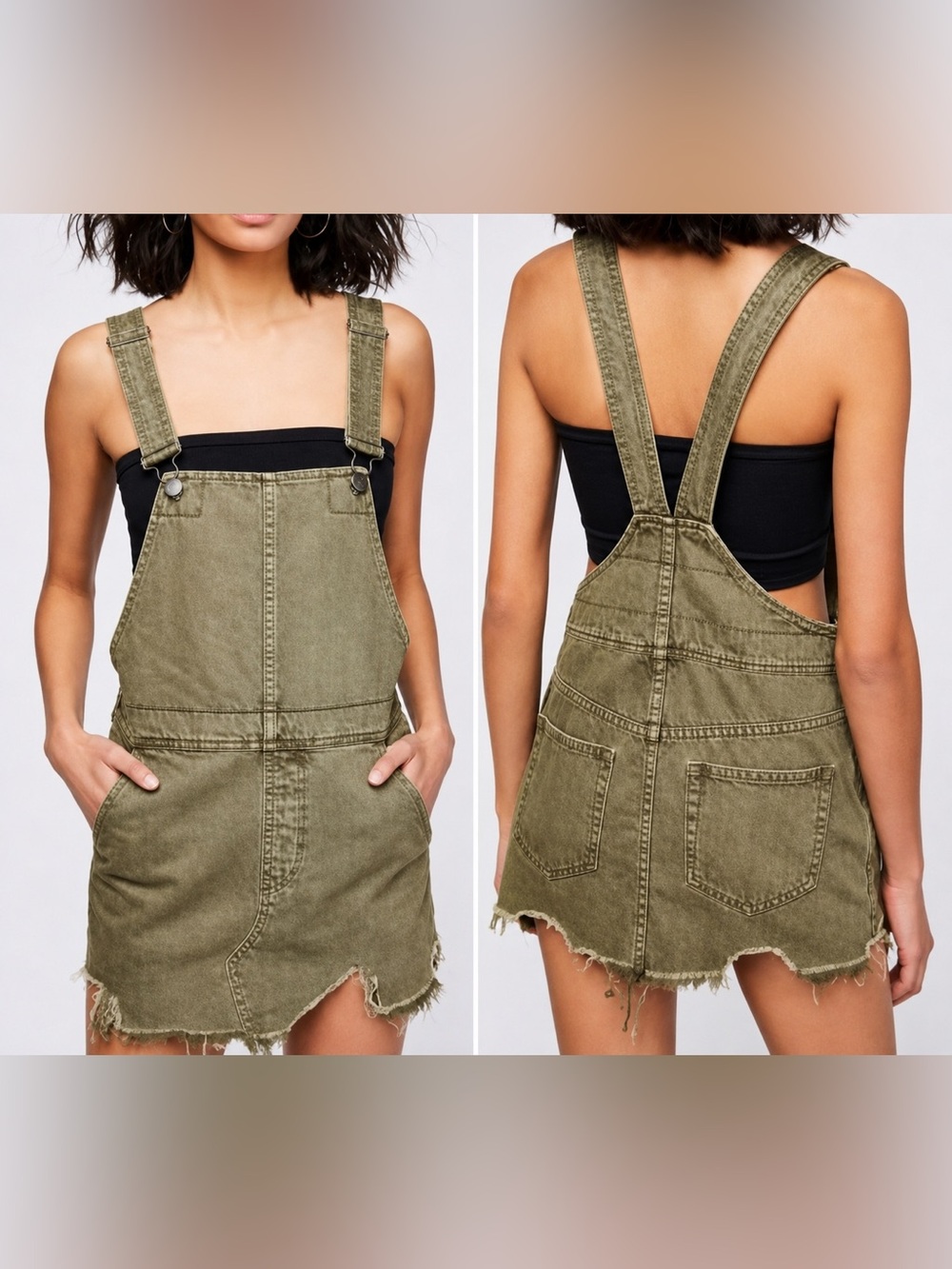 💚✨ Free People‎ Olive Green Distressed Overall Mini Dress Size 4 ✨💚